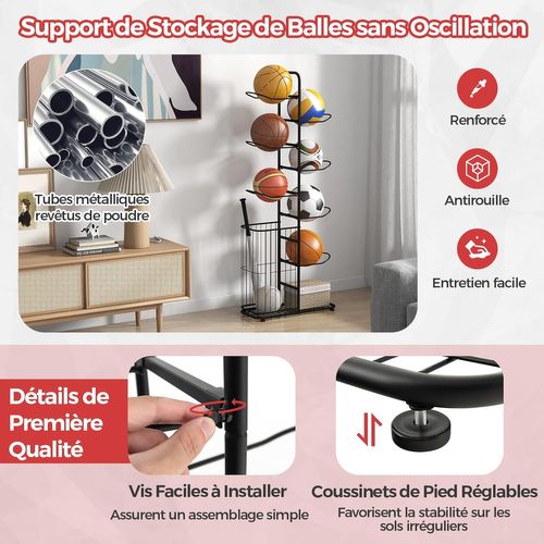 Étagère De Rangement Pour Balles à 7 Niveaux, Support De Basket-ball En Métal, Noir