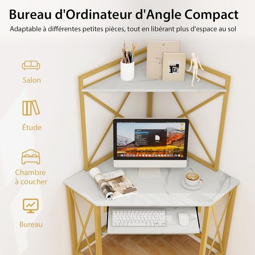Bureau D'angle Avec Étagère De Rangement,bureau Informatique Avec 2 Prises De Courant Et 2 USB,blanc