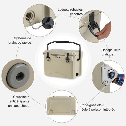 Glacière Isotherme Avec Bouchon De Vidange Et Porte-gobelets, Glace De 5 à 7 Jours (brun Clair)