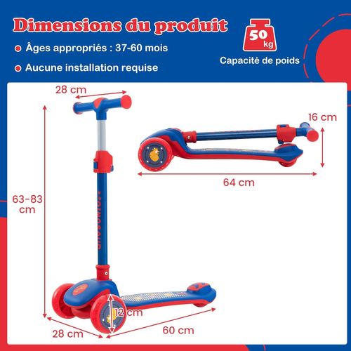 Trottinette Pliable à 3 Roues LED Hauteur Réglable 63-83cm Charge 50kg Pour Enfant 3-5 Ans, Bleu