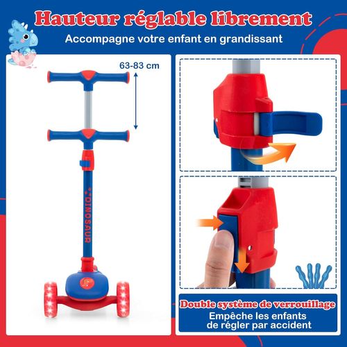 Trottinette Pliable à 3 Roues LED Hauteur Réglable 63-83cm Charge 50kg Pour Enfant 3-5 Ans, Bleu