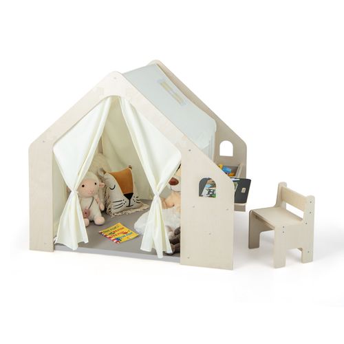 Tente De Jeu Enfant Avec Tableau Noir et Chaise Avec Coussin De Sol Amovible et Rideaux