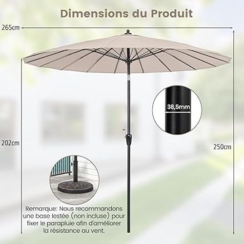 Parasol De Jardin, 18 Baleines, Manivelle Inclinaison (beige)
