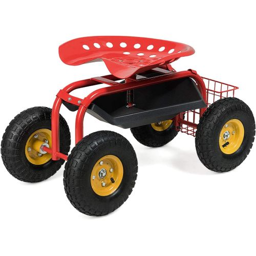 Siège De Jardin Roulant Avec Hauteur Réglable, Pivotant à 360° Plateau Panier (rouge)