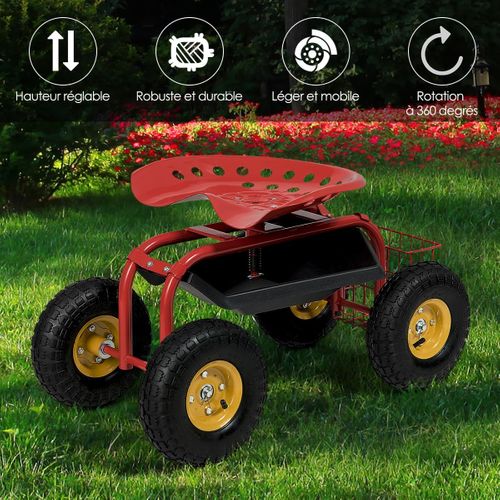 Siège De Jardin Roulant Avec Hauteur Réglable, Pivotant à 360° Plateau Panier (rouge)