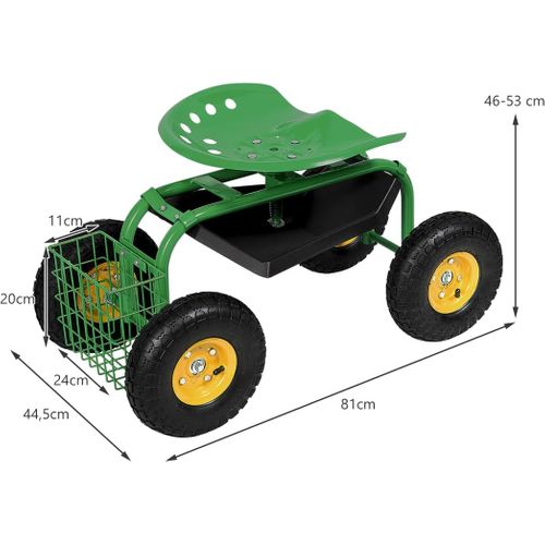 Siège De Jardin Roulant Avec Hauteur Réglable, Chariot Jardinage Avec Siège Pivotant à 360° (vert)