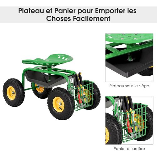Siège De Jardin Roulant Avec Hauteur Réglable, Chariot Jardinage Avec Siège Pivotant à 360° (vert)