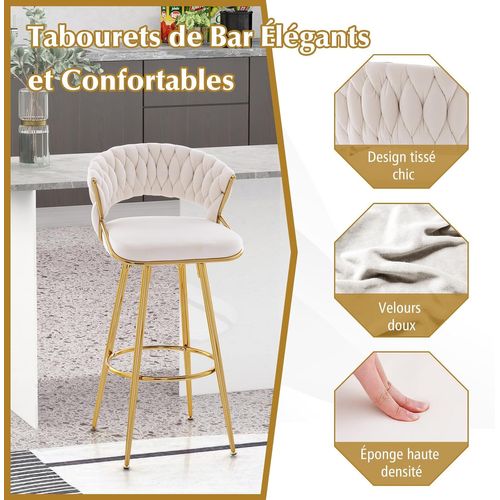 Tabourets De Bar Pivotants Lot De 2, Dossier Tissé, Hauteur Assise 73 Cm, Repose-pieds (beige)