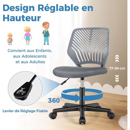 Chaise De Bureau Pivotante Enfants Avec Hauteur Réglable 77-89cm, Scharge 150kg (gris)