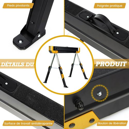Lot De 2 Tréteaux Métalliques Robuste, Avec Pieds Antidérapants Ajustables Reglable (jaune)