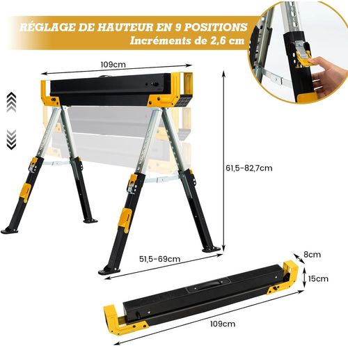 Lot De 2 Tréteaux Métalliques Robuste, Avec Pieds Antidérapants Ajustables Reglable (jaune)