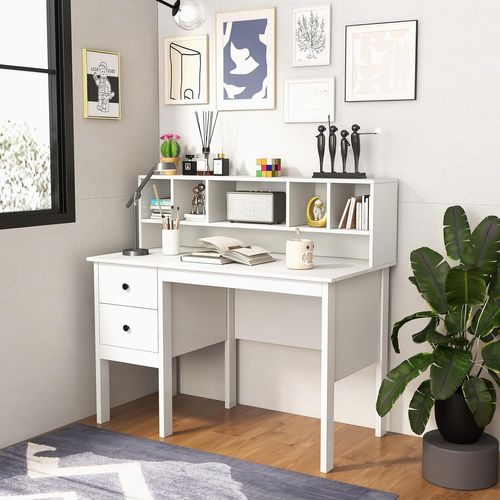 Bureau D'ordinateur 60 X 120 Cm, Table De Travail Avec Étagères 5 Compartiments, Blanc