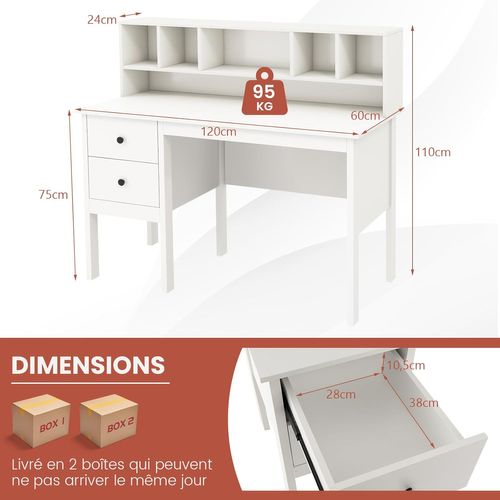 Bureau D'ordinateur 60 X 120 Cm, Table De Travail Avec Étagères 5 Compartiments, Blanc