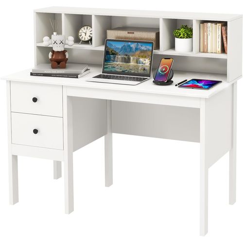 Bureau D'ordinateur 60 X 120 Cm, Table De Travail Avec Étagères 5 Compartiments, Blanc
