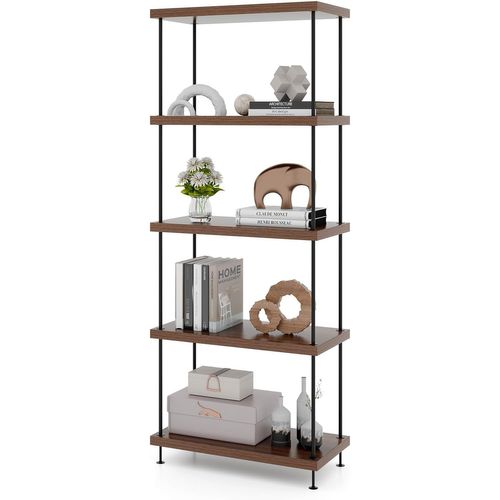 Bibliothèque Étagère à 5 Niveaux, Étagère De Rangement Style Industriel, 29,5 X 60 X 147 Cm, Noyer