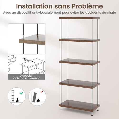 Bibliothèque Étagère à 5 Niveaux, Étagère De Rangement Style Industriel, 29,5 X 60 X 147 Cm, Noyer