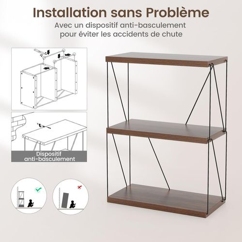Bibliothèque Étagère à 3 Niveaux, Étagère De Rangement Style Industriel, 29,5 X 61 X 82 Cm, Noyer