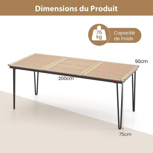 Table De Jardin 200 Cm Pour 8 Personnes, Plateau En Bois D’acacia Avec Trou De Parasol Dia.5cm