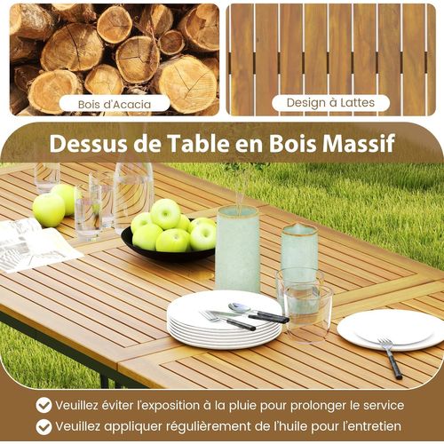 Table De Jardin 200 Cm Pour 8 Personnes, Plateau En Bois D’acacia Avec Trou De Parasol Dia.5cm