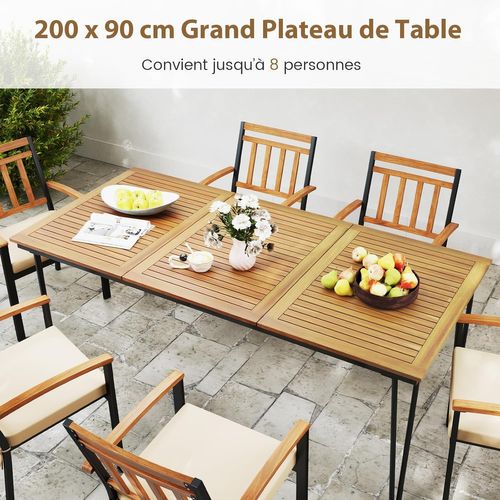Table De Jardin 200 Cm Pour 8 Personnes, Plateau En Bois D’acacia Avec Trou De Parasol Dia.5cm