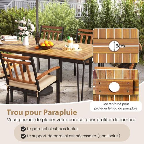 Table De Jardin 200 Cm Pour 8 Personnes, Plateau En Bois D’acacia Avec Trou De Parasol Dia.5cm