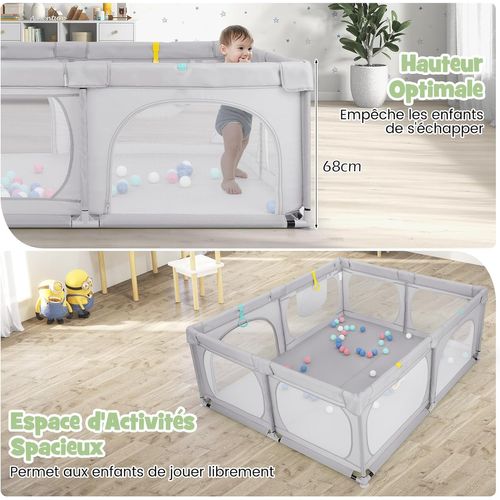 Grand Parc Pour Bébé Avec 50 Balles Océaniques, Clôture Pour Tout-petits,189 X158x68cm (gris Clair)