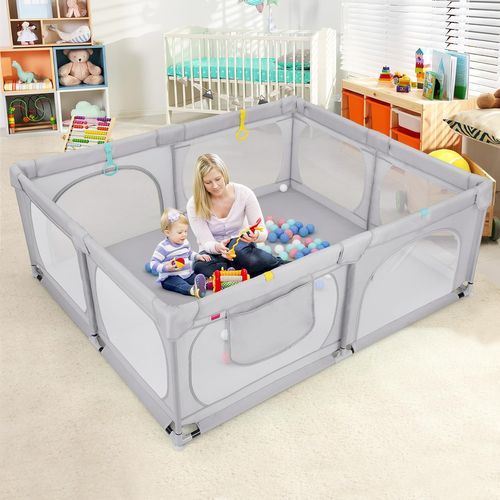 Grand Parc Pour Bébé Avec 50 Balles Océaniques, Clôture Pour Tout-petits,189 X158x68cm (gris Clair)