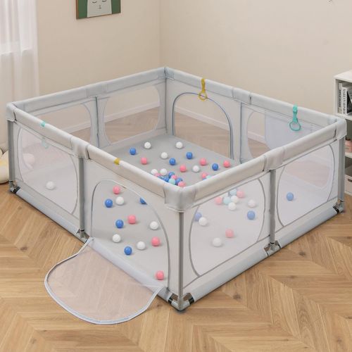 Grand Parc Pour Bébé Avec 50 Balles Océaniques, Clôture Pour Tout-petits,189 X158x68cm (gris Clair)