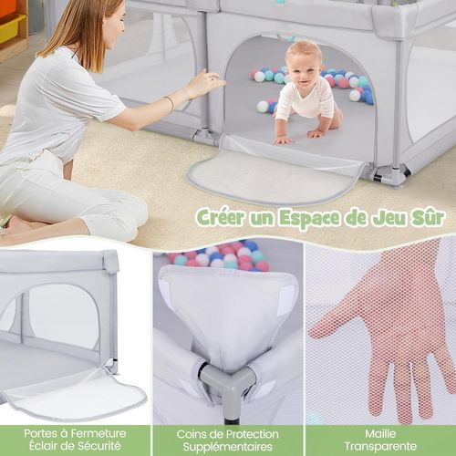 Grand Parc Pour Bébé Avec 50 Balles Océaniques, Clôture Pour Tout-petits,189 X158x68cm (gris Clair)
