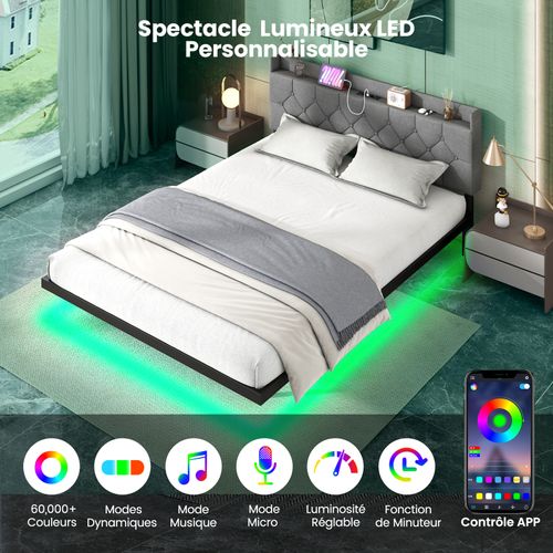 Lit 160x200 Cm Design Flottant Avec LED, Cadre De Lit Double Et Tête De Lit Rembourrée Réglable