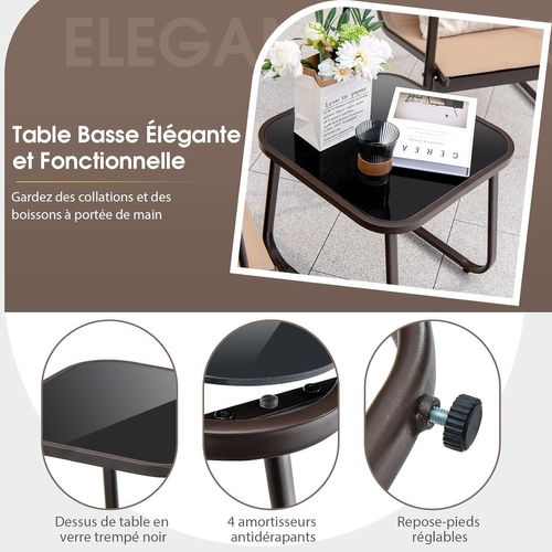 Salon De Jardin 3 Pièces Tissu Respirant Et Cadre Métallique Charge 150kg, Ensemble De Meubles(noir)