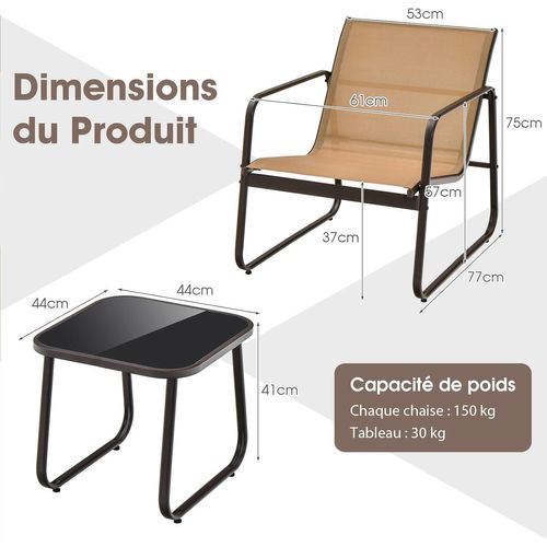 Salon De Jardin 3 Pièces Tissu Respirant Et Cadre Métallique Charge 150kg, Ensemble De Meubles(noir)