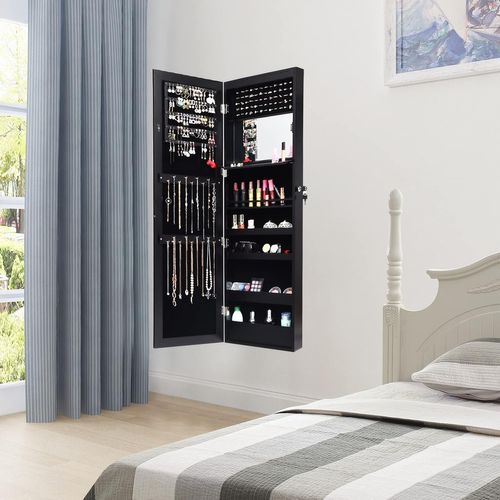 Armoire à Bijoux Murale Avec Miroir 12 LED, Meuble De Rangement Verrouillable Pleine Longueur, Noir
