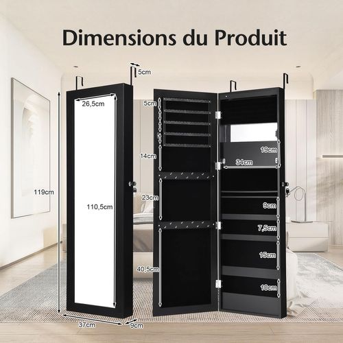 Armoire à Bijoux Murale Avec Miroir 12 LED, Meuble De Rangement Verrouillable Pleine Longueur, Noir