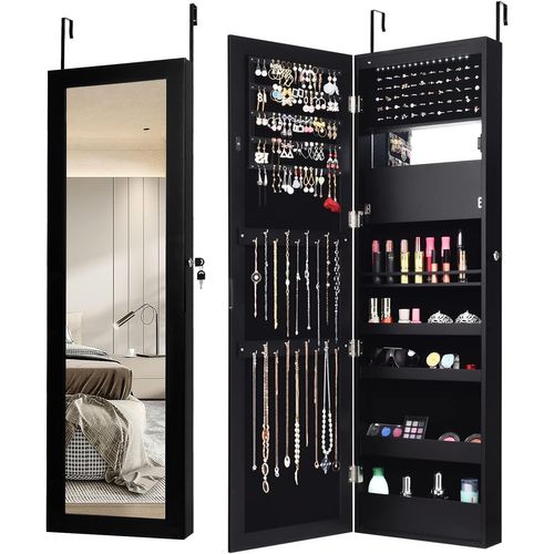 Armoire à Bijoux Murale Avec Miroir 12 LED, Meuble De Rangement Verrouillable Pleine Longueur, Noir