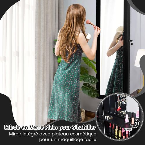 Armoire à Bijoux Murale Avec Miroir 12 LED, Meuble De Rangement Verrouillable Pleine Longueur, Noir