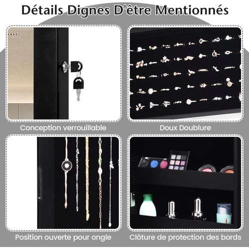 Armoire à Bijoux Murale Avec Miroir 12 LED, Meuble De Rangement Verrouillable Pleine Longueur, Noir