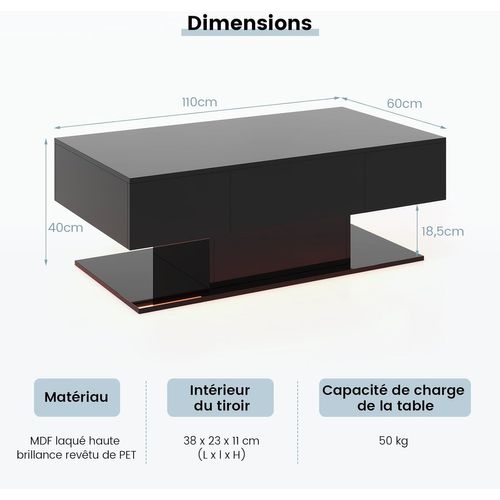 Table Basse Salon 2 Tiroirs, 20 Lumières LED, 22 Modes Dynamiques, 110 X 60 X 40 Cm (noir)