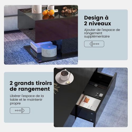 Table Basse Salon 2 Tiroirs, 20 Lumières LED, 22 Modes Dynamiques, 110 X 60 X 40 Cm (noir)