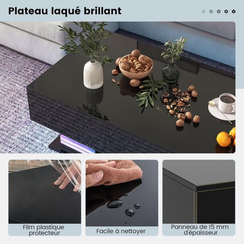 Table Basse Salon 2 Tiroirs, 20 Lumières LED, 22 Modes Dynamiques, 110 X 60 X 40 Cm (noir)