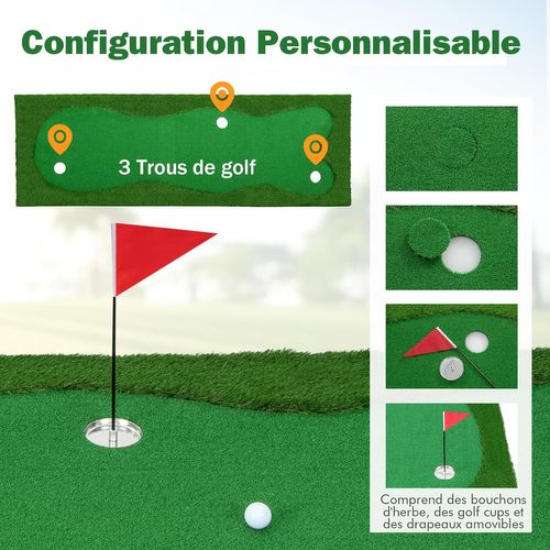 Tapis De Frappe De Golf 300 X 100 Cm, Pelouse Artificielle 3 Trous 3 Drapeaux Gobelets