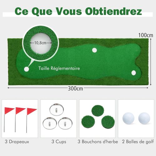 Tapis De Frappe De Golf 300 X 100 Cm, Pelouse Artificielle 3 Trous 3 Drapeaux Gobelets