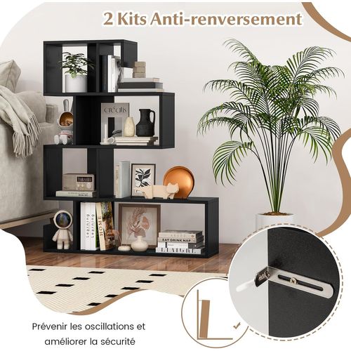 Bibliothèque 5 Niveaux Forme S, Compartiments Ouverts, 22x80x100cm, Étagère ,noir