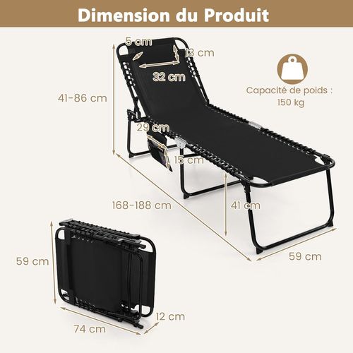 Chaise Longue Pliante Inclinable Avec Appuie-tête, 4 Positions, Acier Antirouille (noir)
