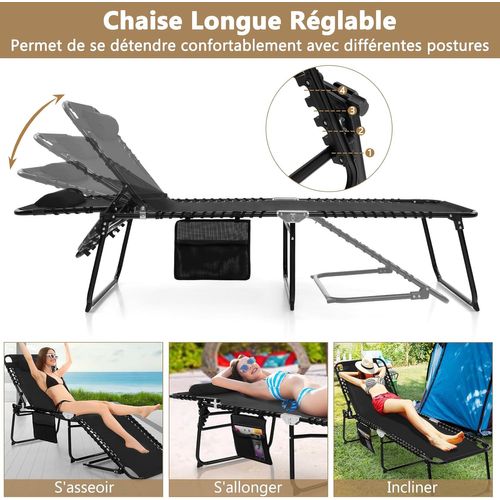 Chaise Longue Pliante Inclinable Avec Appuie-tête, 4 Positions, Acier Antirouille (noir)