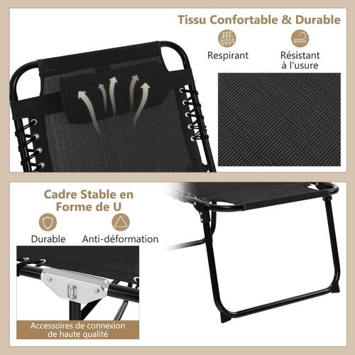 Chaise Longue Pliante Inclinable Avec Appuie-tête, 4 Positions, Acier Antirouille (noir)