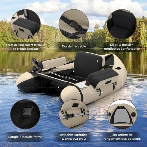 Bateau De Pêche Gonflable Avec Bretelles Réglables Et Pagaies, Poches De Rangement (beige)