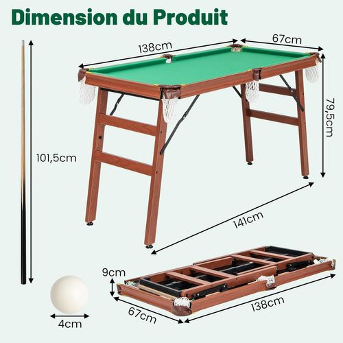 Table De Billard Pliable Avec Accessoires(2 Queues, 16 Boules, Brosse), 138 X 67 X 79,5 Cm