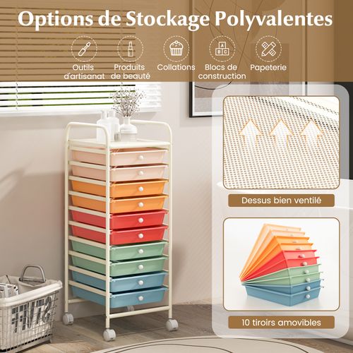 Tour De Rangement, Desserte à Roulettes Avec 10 Tiroirs, Chariot De Rangement Stable Solide