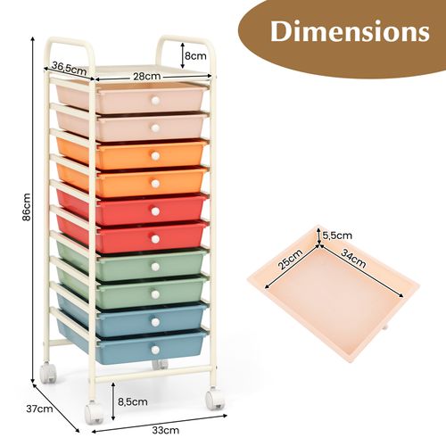 Tour De Rangement, Desserte à Roulettes Avec 10 Tiroirs, Chariot De Rangement Stable Solide